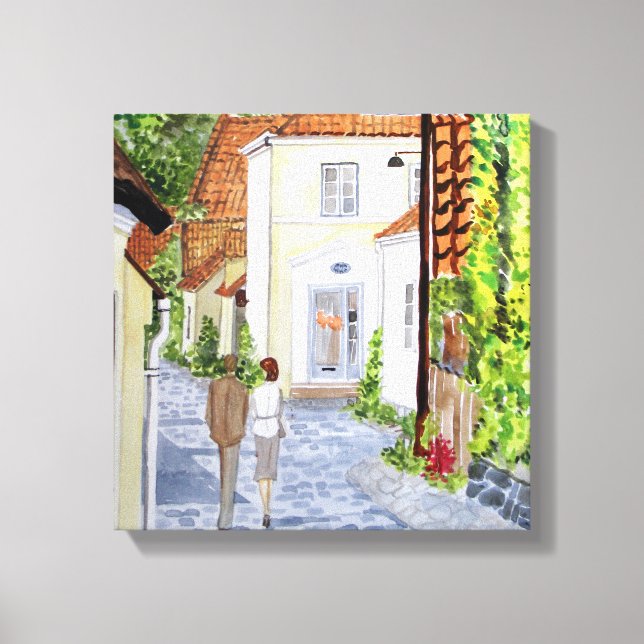 Walking Home Danish Townscape Acrylic Painting Canvas Print (Front)