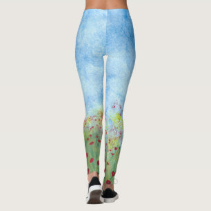 Walking in field of red poppies blue sky leggings