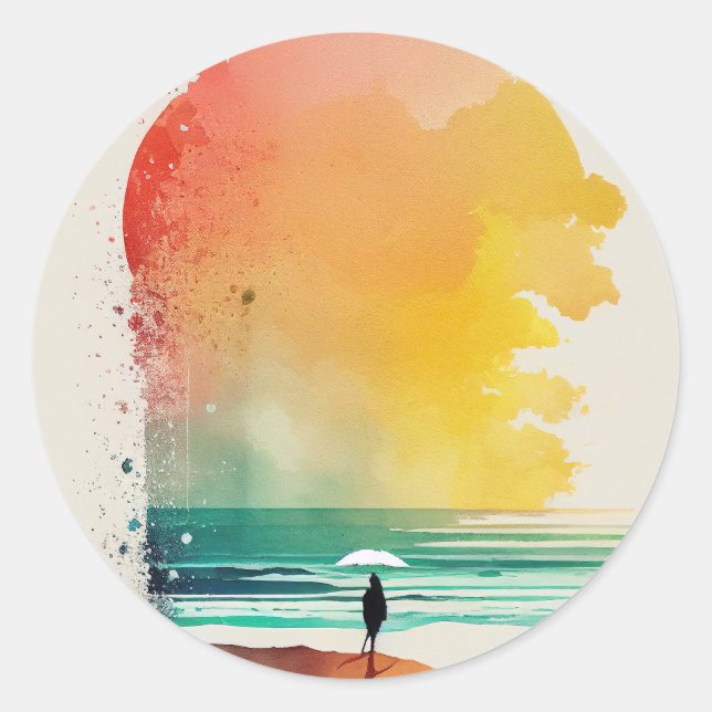 Walking into the Waves Abstract Beach Art Classic Round Sticker (Front)