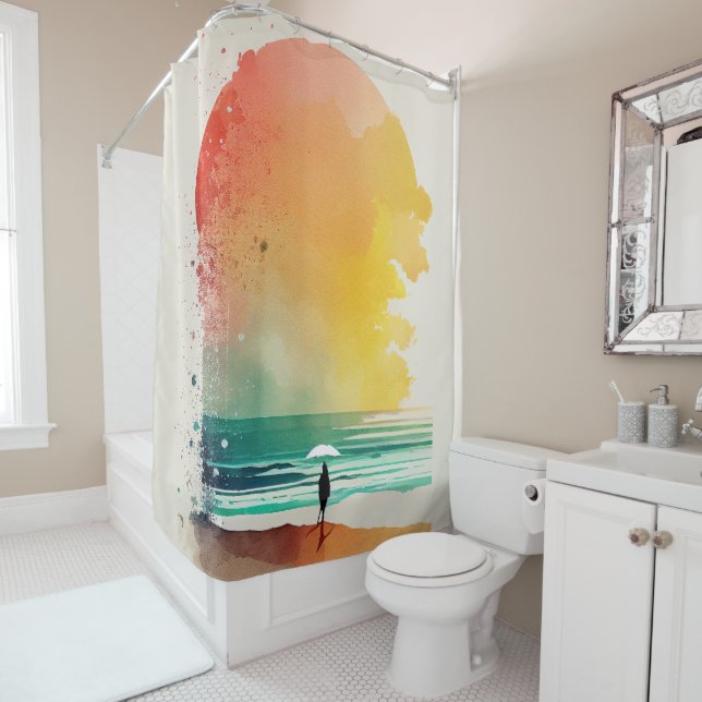 Walking into the Waves Abstract Beach Art  Shower Curtain (In Situ)