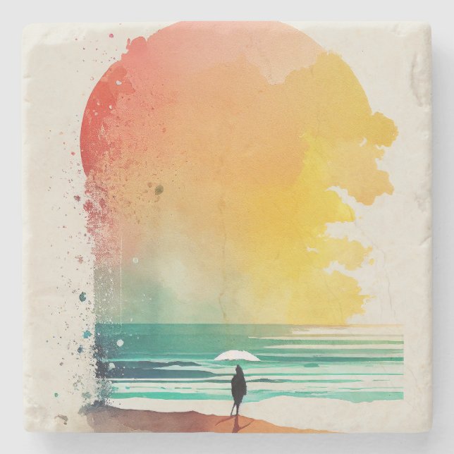 Walking into the Waves Abstract Beach Art Stone Coaster (Front)