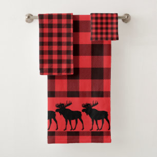 Walking Moose Silhouette Red Black Plaid Pattern  Bath Towel Set