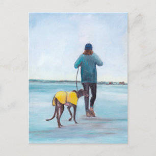 Walking My Greyhound Dog Art Postcard