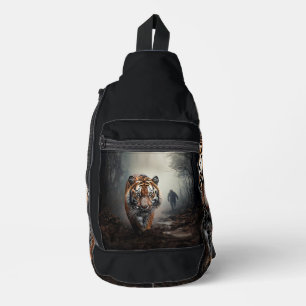 Walking Old black and orange tiger surreal forest Sling Bag