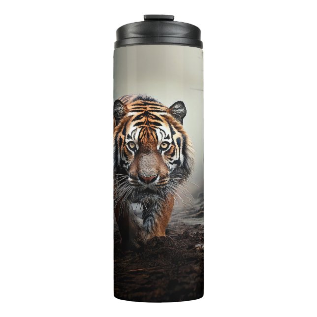 Walking Old black and orange tiger surreal forest Thermal Tumbler (Front)
