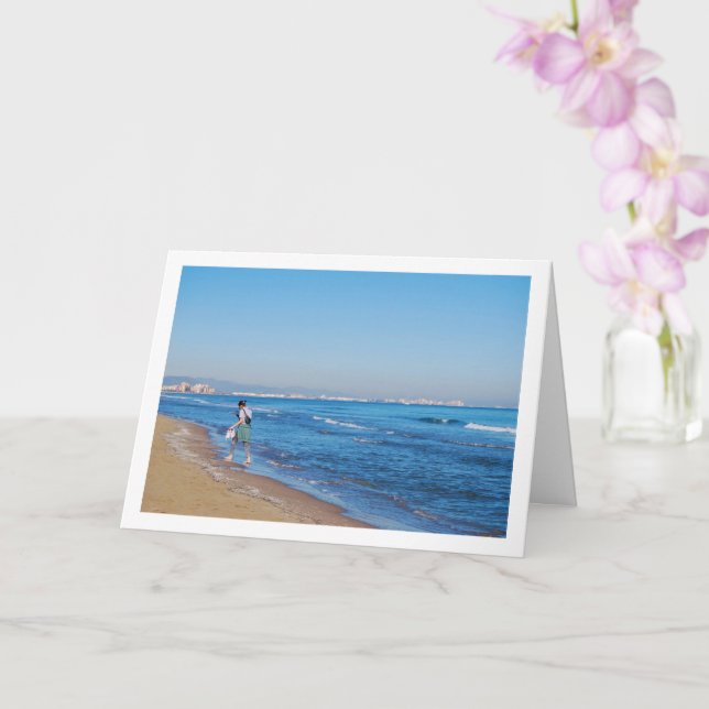 Walking on Malvarossa Beach, Valencia, Spain Card (Orchid)