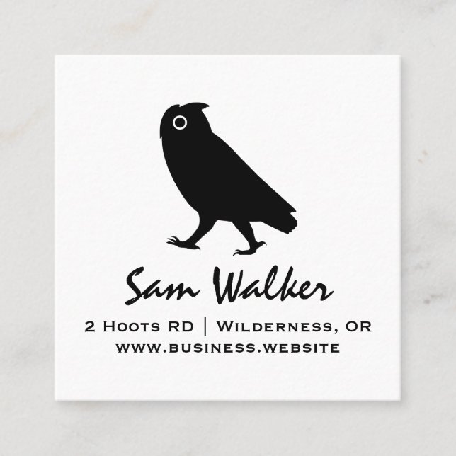 Walking Owl Silhouette | Wildlife Black and White Square Business Card (Front)