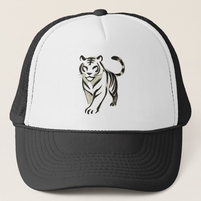 Walking Tiger Drawing - Ink Brush Design on  Trucker Hat (Front)