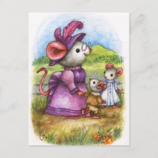 Walking with Grandma - Cute Mouse Art Postcard (Front)
