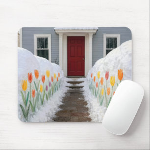 Walkway with Painted Spring Tulips In Snowbanks Mouse Pad