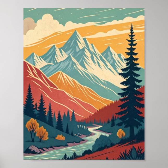 wall art poster retro mountains vibrant colours (Front)