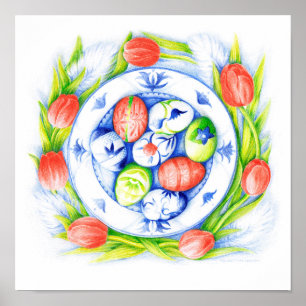 Wall Art Spring Tulips, Eggs, Plate 12"x12" Poster