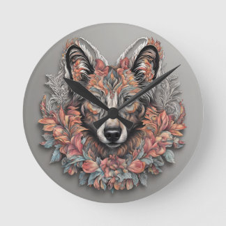Wall Clock, 8" “Floral Majesty wolf Clock” Round Clock