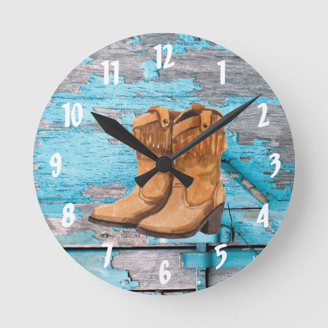 Wall Clock Blue Wood Barn Door Boots Country Rusti (Front)