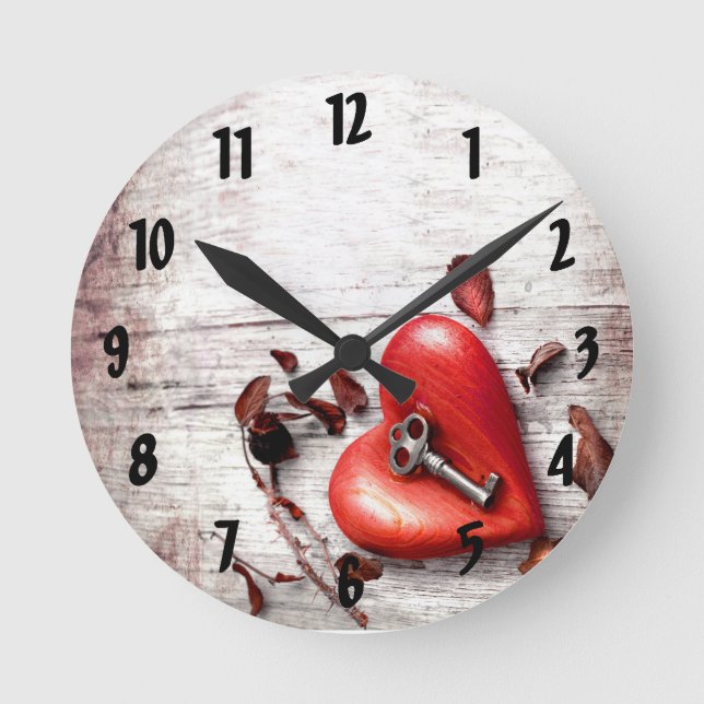 Wall Clock Country Wood Key to my Heart Rustic Tre (Front)