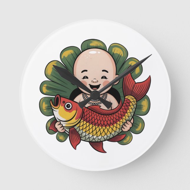 Wall Clock | Cute Boy with Lucky Koi (Front)