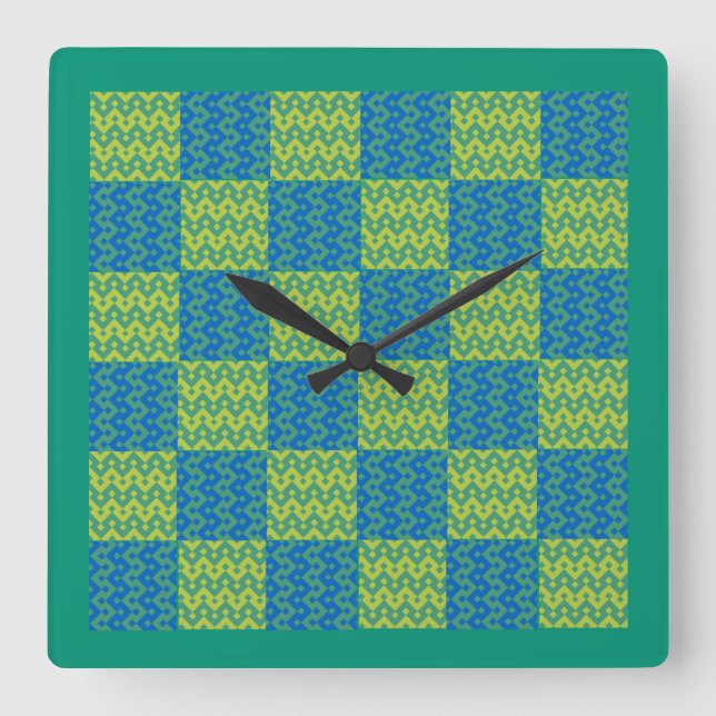 Wall Clock, Emerald and Blue Patchwork Pattern Square Wall Clock (Front)