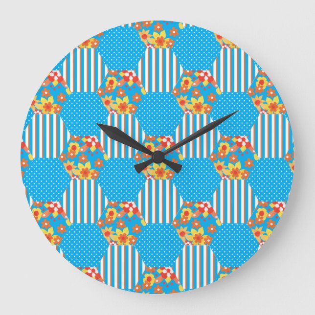 Wall Clock, Orange Floral and Polkas Patchwork Large Clock (Front)