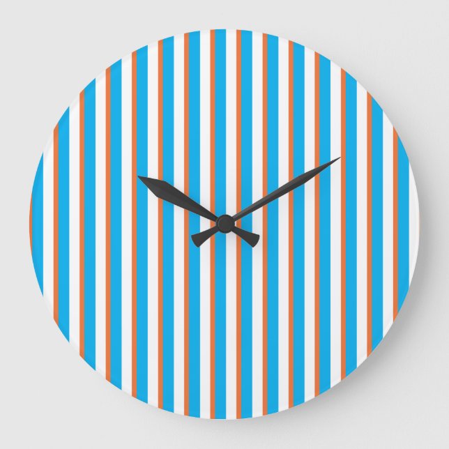 Wall Clock: Orange, Turquoise Blue, White Stripes Large Clock (Front)