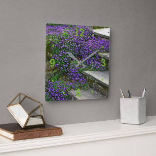 WALL CLOCK/PURPLE FLOWERS CLINGING TO STEPS/GREEN SQUARE WALL CLOCK