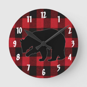 Wall Clock Red Buffalo Plaid Bear Black
