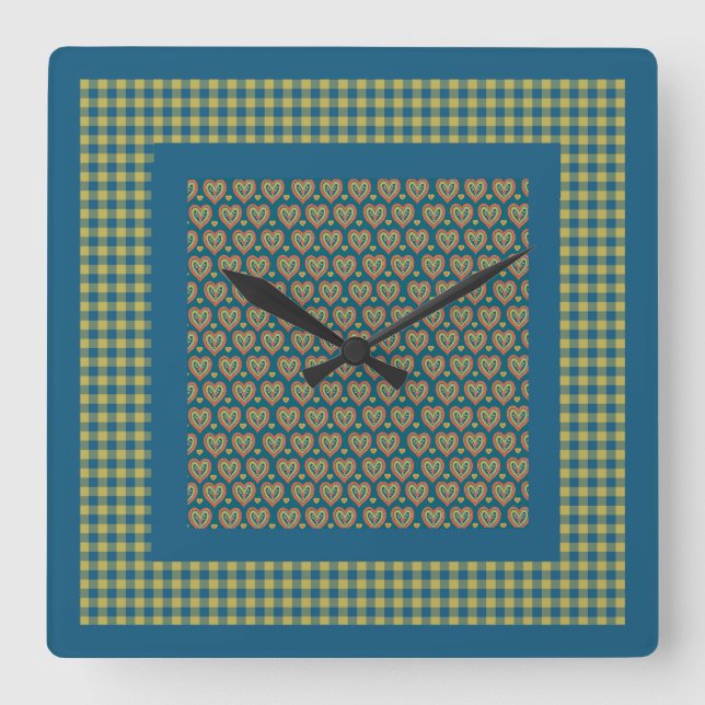 Wall Clock, Red, Green Hearts and Check Gingham Square Wall Clock (Front)