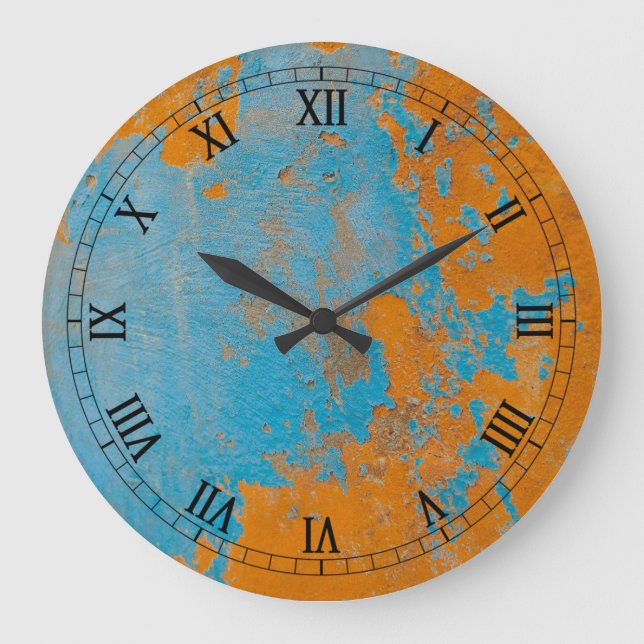 Wall Clock - Rustic Blue, Yellow, Wall Roman Face (Front)