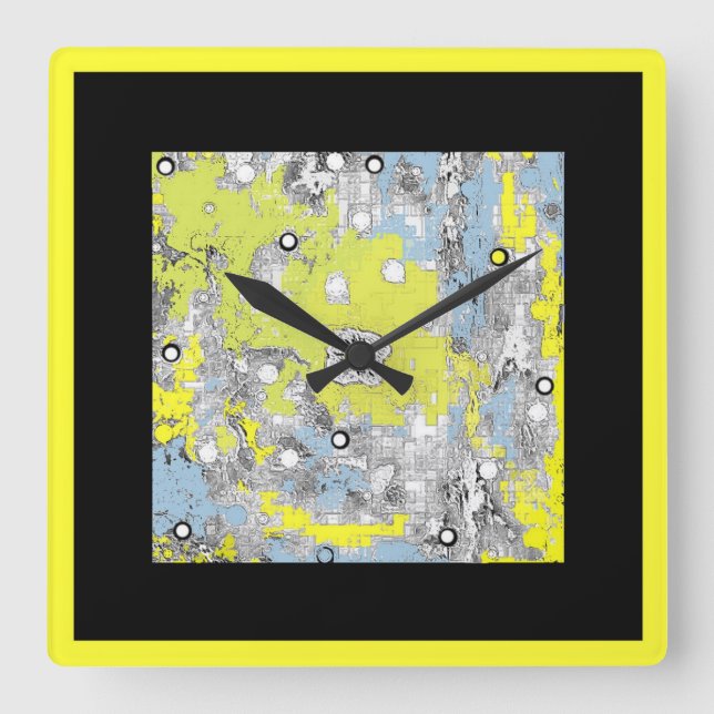 Wall Clock Square Yellow Blue Black (Front)