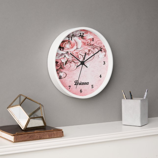 Wall Clock with Pink Rose and Swirls Design (Office)