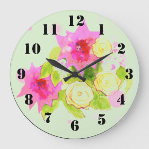 Wall Clock with Watercolor Flowers