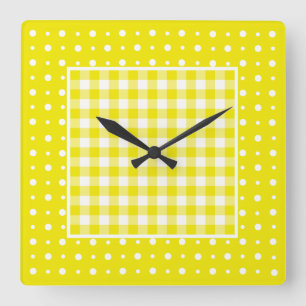 Wall Clock, Yellow Check Gingham and Polka Dots Square Wall Clock