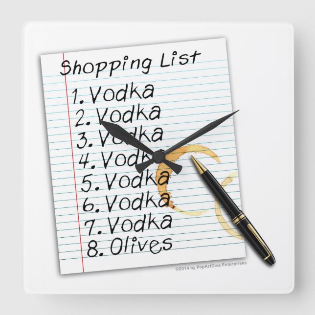 WALL CLOCKS, VODKA SHOPPING LIST SQUARE WALL CLOCK (Front)
