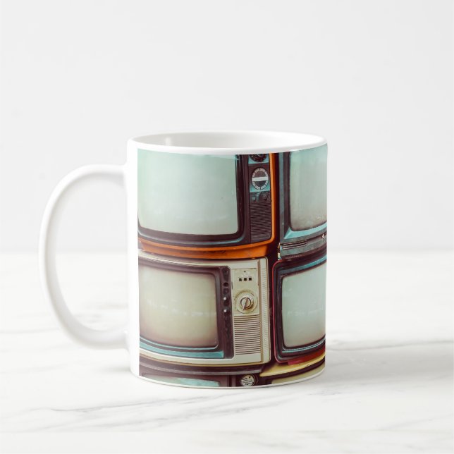 Wall of pile colourful retro television coffee mug (Left)