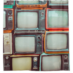 Wall of pile colourful retro television shower curtain
