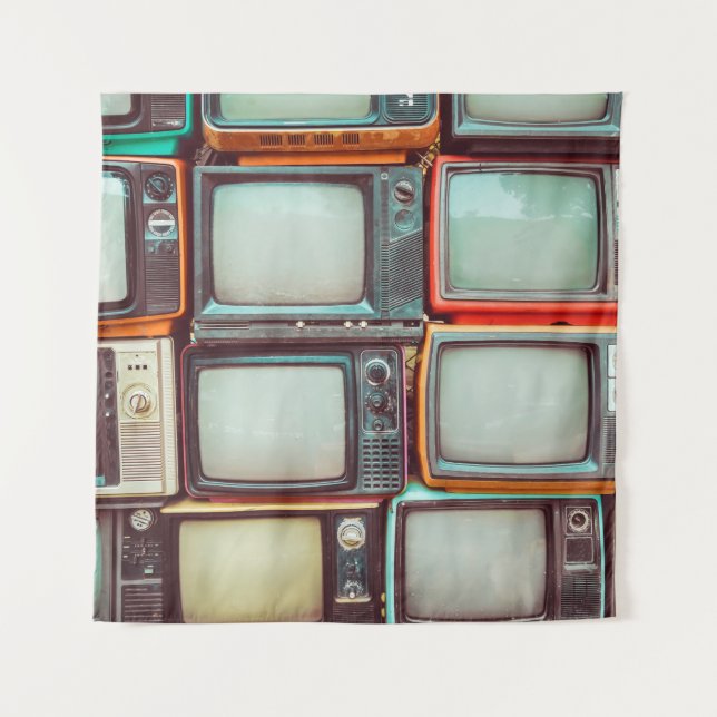 Wall of pile colourful retro television tapestry (Front)