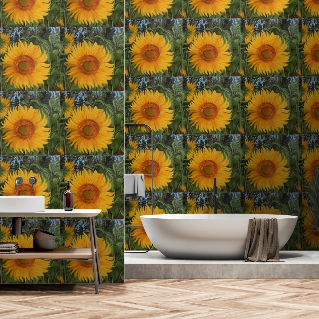 Wall Paper with Sunflowers that Will Lighten Your  (Bathroom)