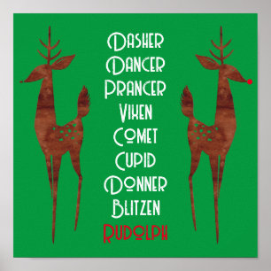 Wall Poster -  Santa's Reindeer -Rudolph Red Nose