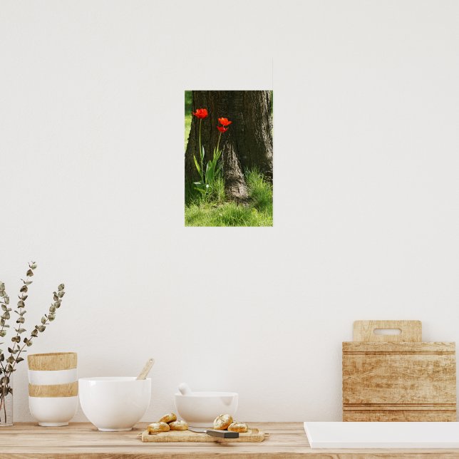 Wall print with red tulips on the tree trunk (Kitchen)