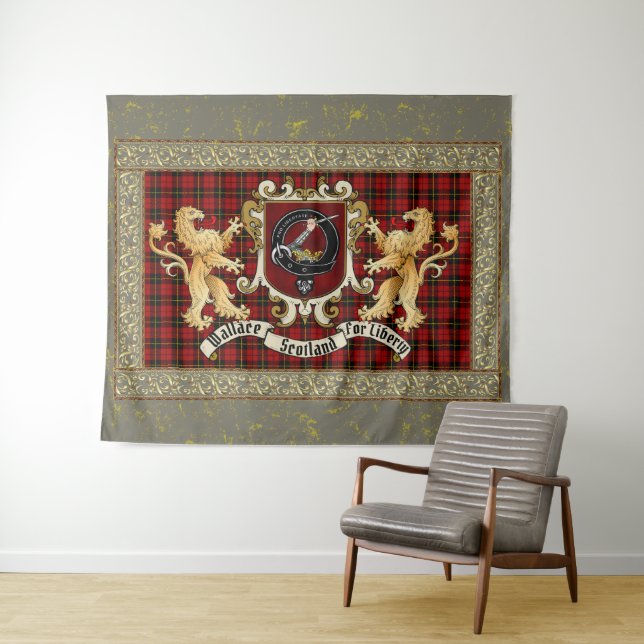 Wallace Clan Badge & Tartan w/Lions Tapestry (In Situ (Horizontal))