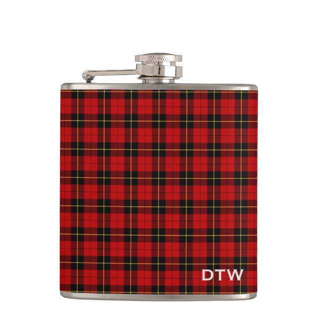Wallace Clan Tartan Red and Black Plaid Monogram Hip Flask (Front)