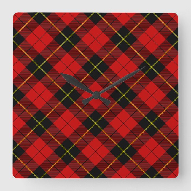 Wallace tartan red black plaid square wall clock (Front)