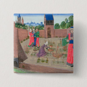 Walled garden with a woman gardening 15 cm square badge