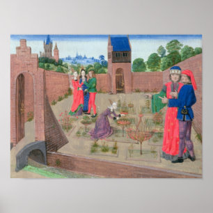 Walled garden with a woman gardening poster
