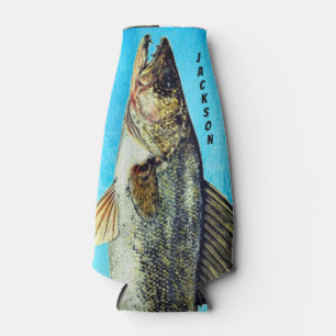 Walleye Pike Fish on Blue and Name Bottle Cooler
