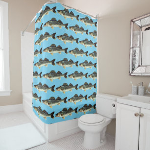 Walleye Pike Fish Pattern on Blue Shower Curtain