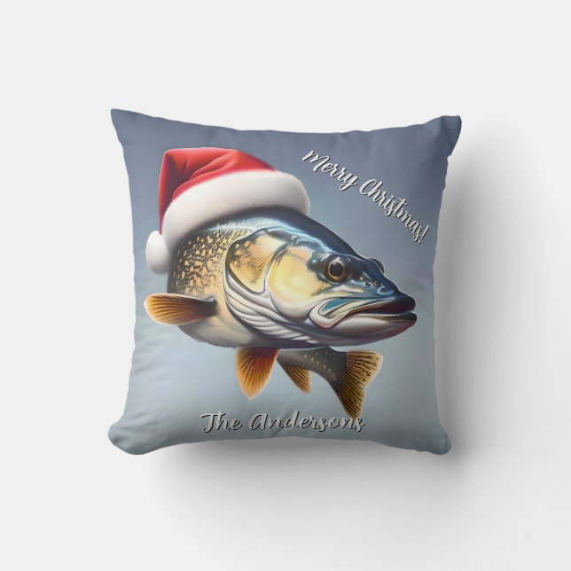  Walleye Wearing a Santa Hat Christmas Cushion (Front)