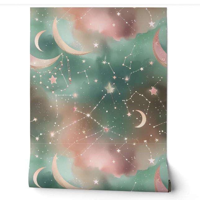 Wallpaper - Luxury Sage Green Blush Celestial Moon (Unrolling)