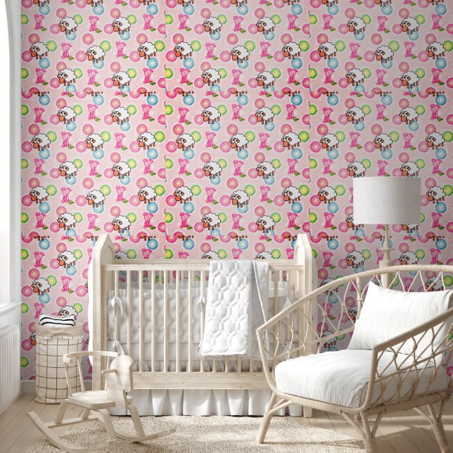 Wallpaper Pink & White Pig & Sheep (Kids)