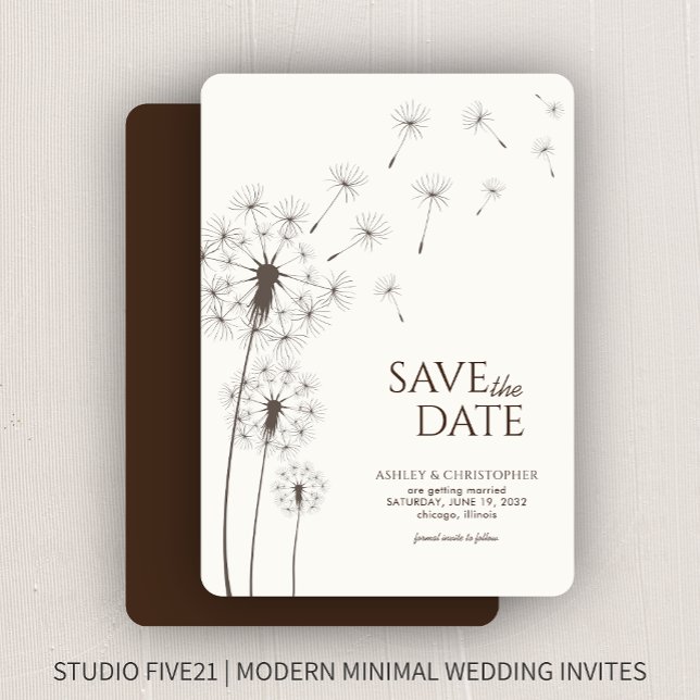 Walnut Brown Dandelion Wedding Save the Date Card (Creator Uploaded)