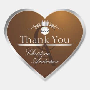 Walnut Brown Silver Frame Logo Monogram Thank You Heart Sticker